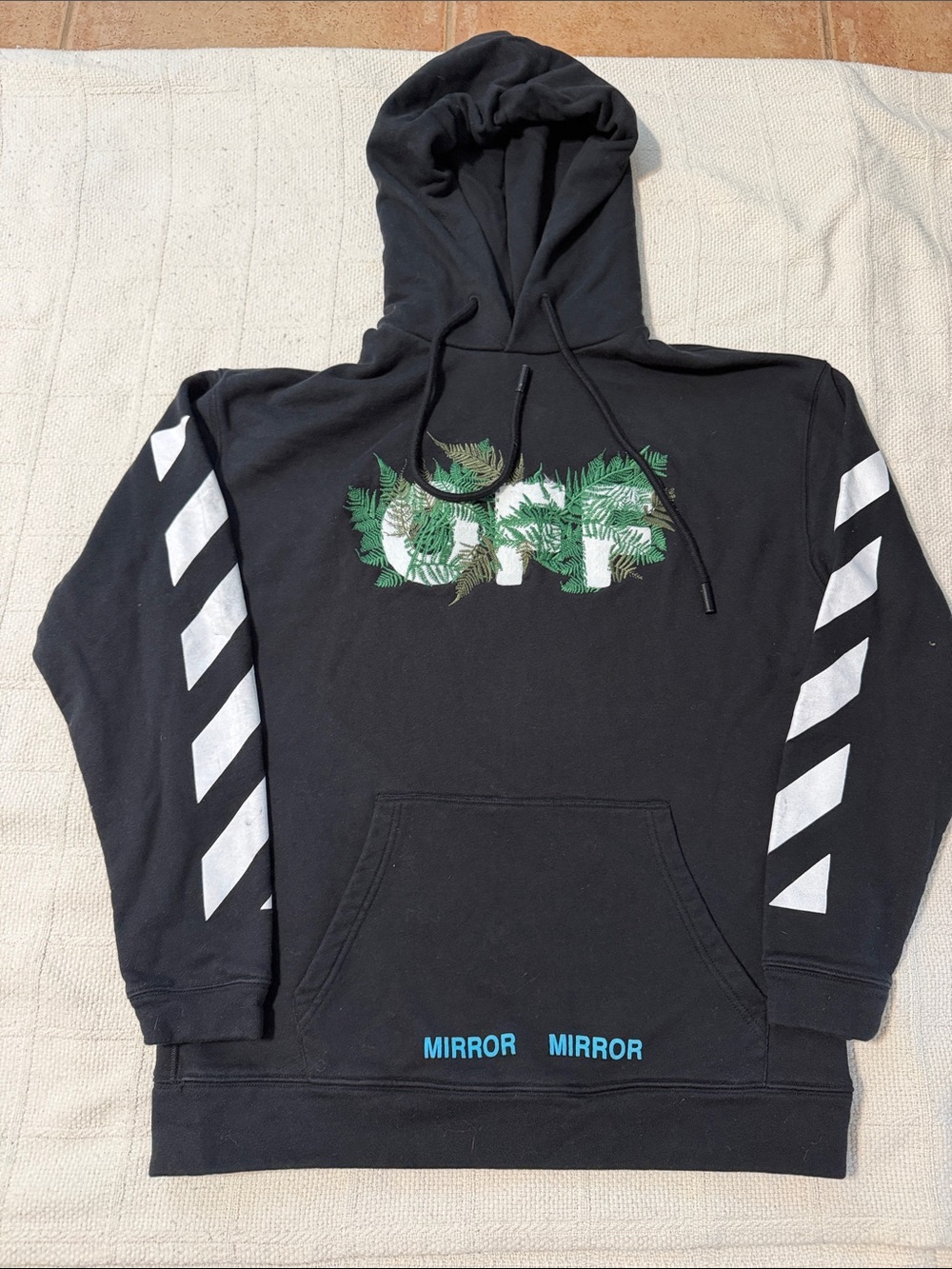 Off-White Black Hoodie with Green Leaf Logo and White Sleeve Stripes